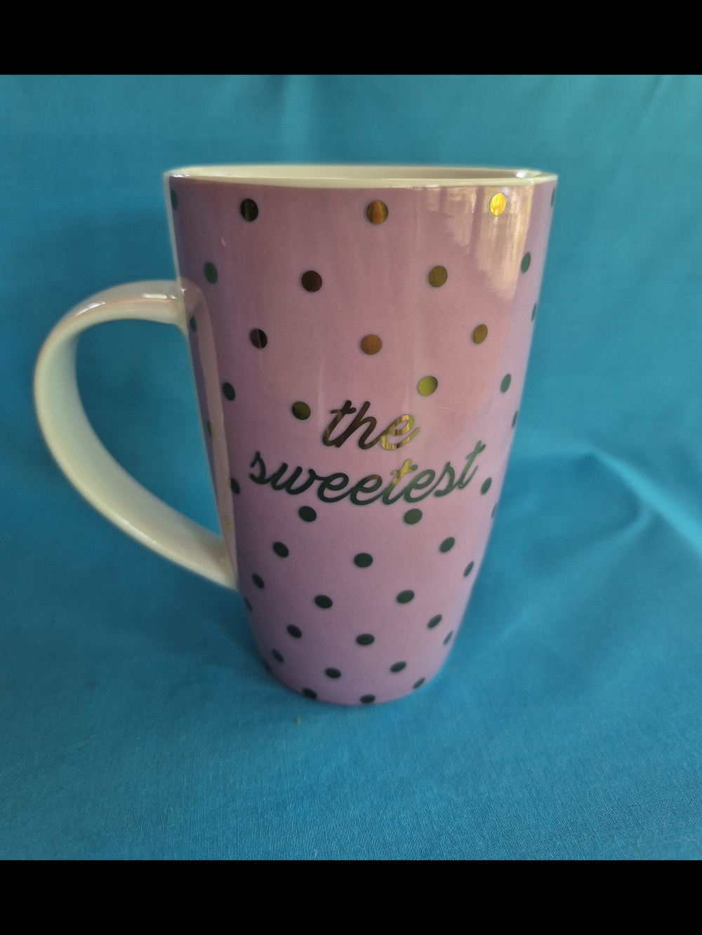 The Sweetest Pink Lavender Tall Coffee Mug Tea Stoneware Gold Dots Kitchen